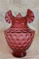 Pink Fenton coin glass ruffled vase
