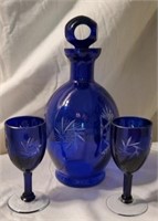 Beautiful Cobalt Blue Glass Decanter & Cups