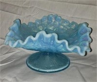 Blue ruffled edge Fenton footed dish