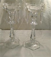 Pair of crystal candle holders with prisms