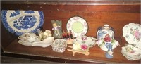 Shelf lot of white and blue decor plate and more