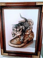 Vintage Cat in Boot Painting on Canvas Signed Mc A