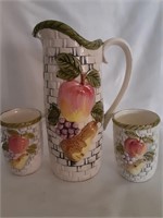 Ceramic Pitcher with Basket Weave and Fruit Design