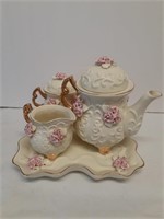 4pc Vintage Miniature Tea Set with Pink Trim