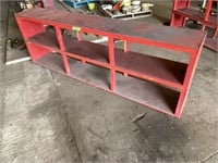 Red wooden shelving unit 8' W X 16" D X 33.5" H