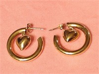 14K Gold Dangle Heart Hoop Earrings