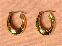 14K Gold Hammered Hoop Oblong Earrings