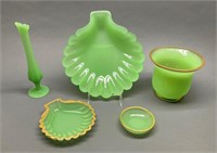 Assorted Green Opaline tableware pieces.