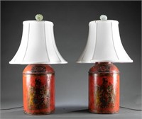Pair of tin tea containers converted to lamps.