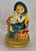 Sankyo Japan Ceramic Music Box Girl & Cat