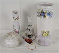 Ceramic Vases & Boxes, Glass Bell & Butterfly