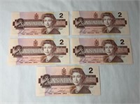 5 - 1986 Canadian $2 Banknotes - Crisp