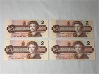 4 - 1986 Canadian $2 Banknotes - Like Uncirculated