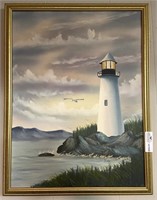 Modern era oil on canvas light house in frame