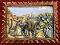 Hand carved and painted Mexican scene on plank