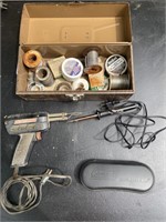 Metal toolbox with soldering irons and Weller