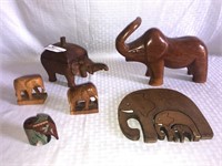 6 assorted wooden elephant figurines