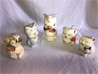 5 assorted creamers, elephant, pig, cat, and  2