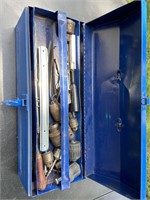Metal toolbox with rivet tool, drill chucks,