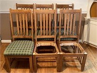 6 mission oak dining chairs, 2 missing cushions
