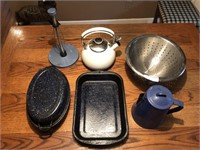 6 assorted kitchen, 3 Graniteware, stainless