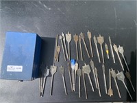 33 wood spade bits in metal toolbox
