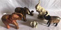 5 assorted elephant figurines, carved, metal,