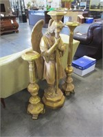 (3) Wood Angel Candle Holders w/ Glass Globes