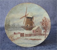 Folk Art Painted Wood Plate w/ Winter Scene
