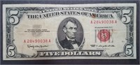 1963 Red Seal $5 Five Dollar Note - Crisp Example!