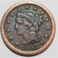 1853 Braided Hair Large Cent - High Grade Toner!