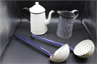 Blue & White Enamelware Teapot, Pitcher & Ladles