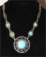 1930-40s Necklace w Glass Stones & Silver Filigree
