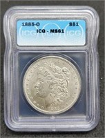 1885-O slab Morgan Silver Dollar, ICG MS61