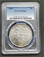 1885 slab Morgan Silver Dollar, PCGS MS62