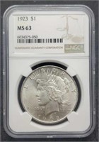 1923 slab Peace Silver Dollar, NGC MS63