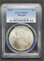 1921 slab Morgan Silver Dollar, PCGS MS63