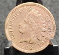1908 Indian Head Cent, AU55, Full Liberty