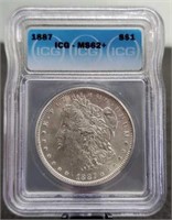 1887 slab Morgan Silver Dollar, ICG MS62+