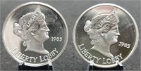 (2) 1985 One oz. .999 Silver Liberty Lobby Rounds