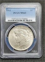 1922 slab Peace Silver Dollar, PCGS MS63