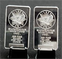 (2) One oz. Silver Bars "Sunshine Minting"