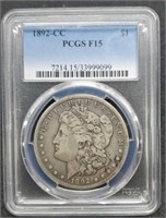 1892-CC slab Morgan Silver Dollar PCGS F15