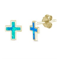 Yellow Gold Blue Opal Cross Earrings