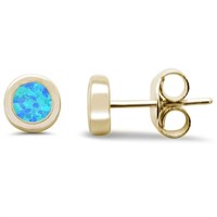 Yellow Gold Round Blue Opal Earrings