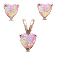 Rose Gold Heart 2.00ct Pink Opal Pendant & Earr.