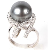 14K WHITE GOLD 13MM TAHITIAN PEARL & DIAMOND RING