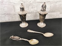 Sterling Weighted Salt + Pepper + Sterling Spoons