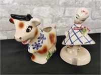 Vintage Flamingo Pottery Girl and a Cow Vase