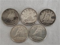 1952-1962 Canadian Silver Dime Lot - 5 coins
